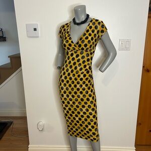 Elegant Yellow and Black Polka Dot Midi Dress❤️S